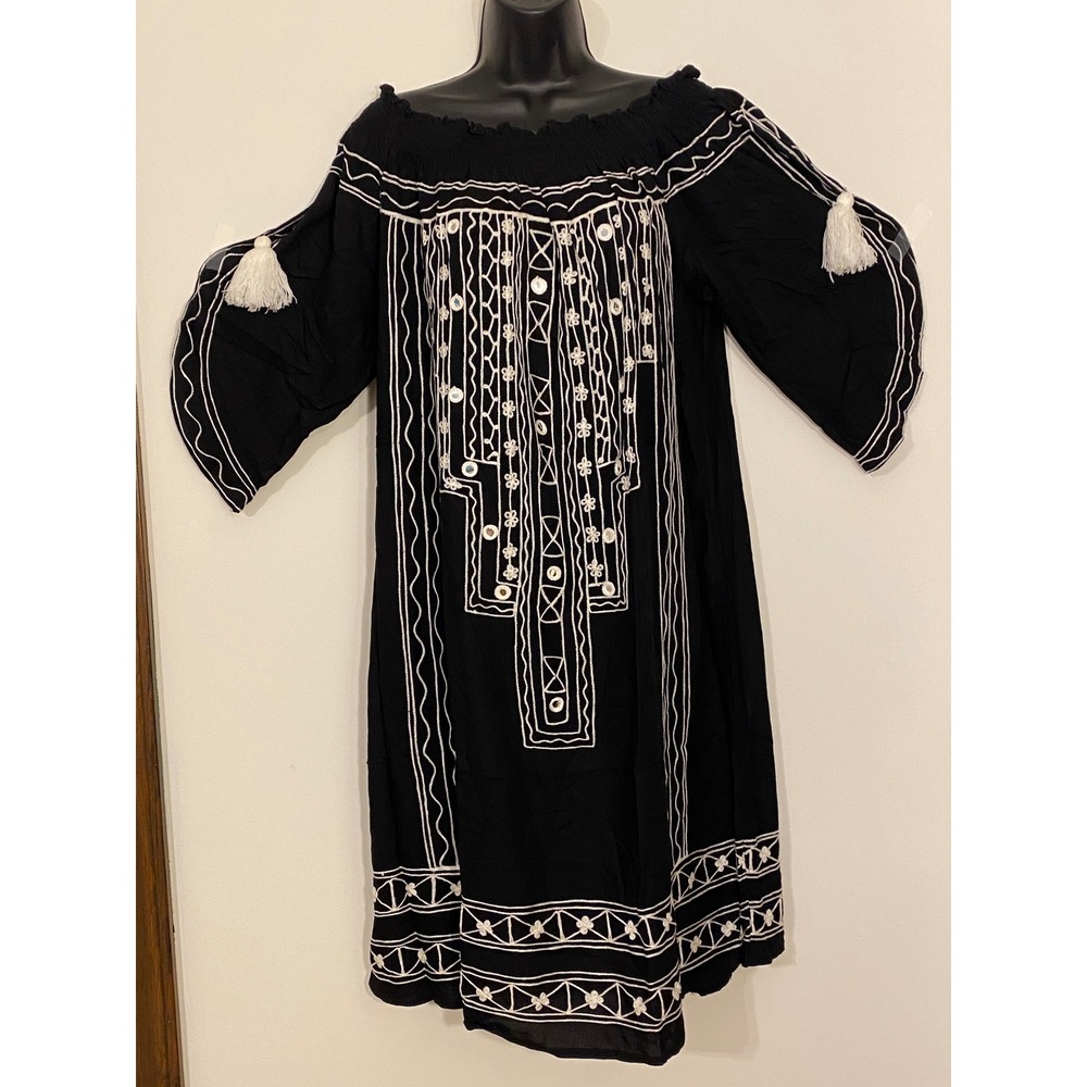 Frisqie Black Embroidered Off Shoulder Boho Tassel Mirror Shift Dress Large